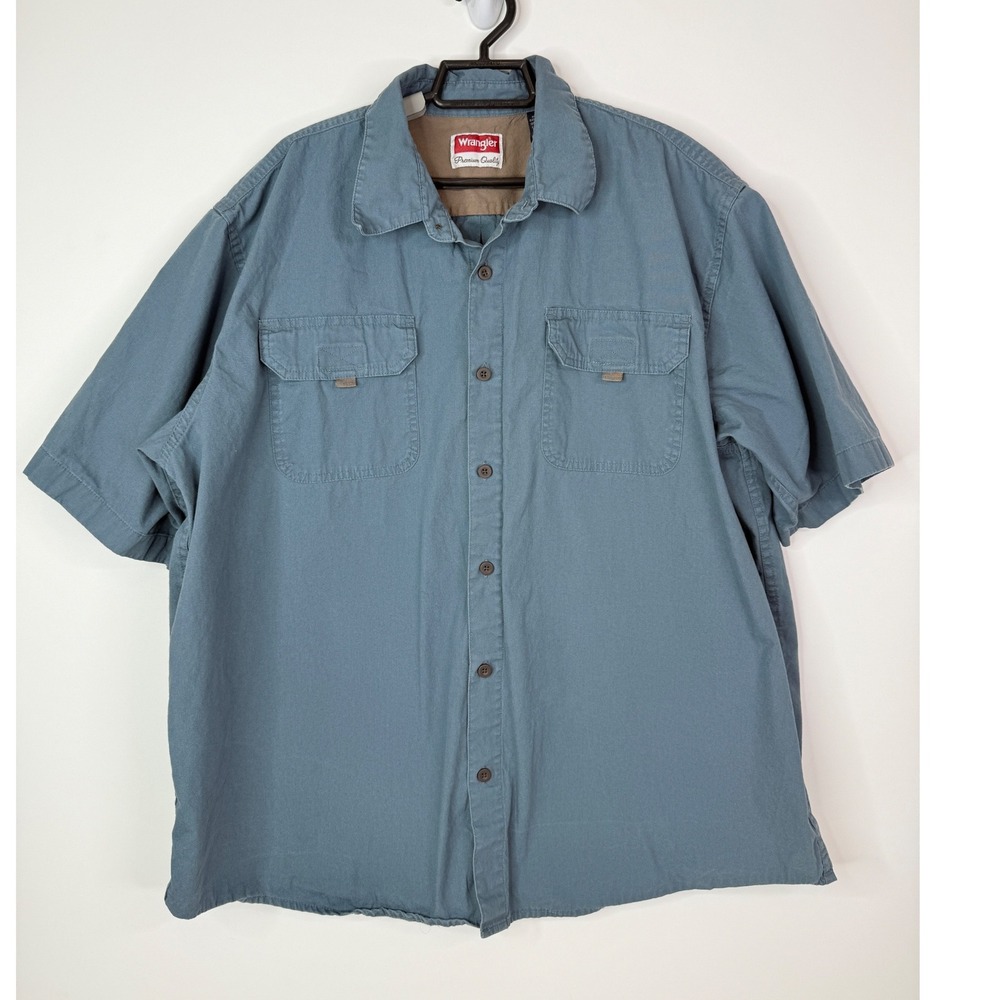 Wrangler Shirt Men's XL Short Sleeve Button Up 100% Cotton Utility Workwear Blue